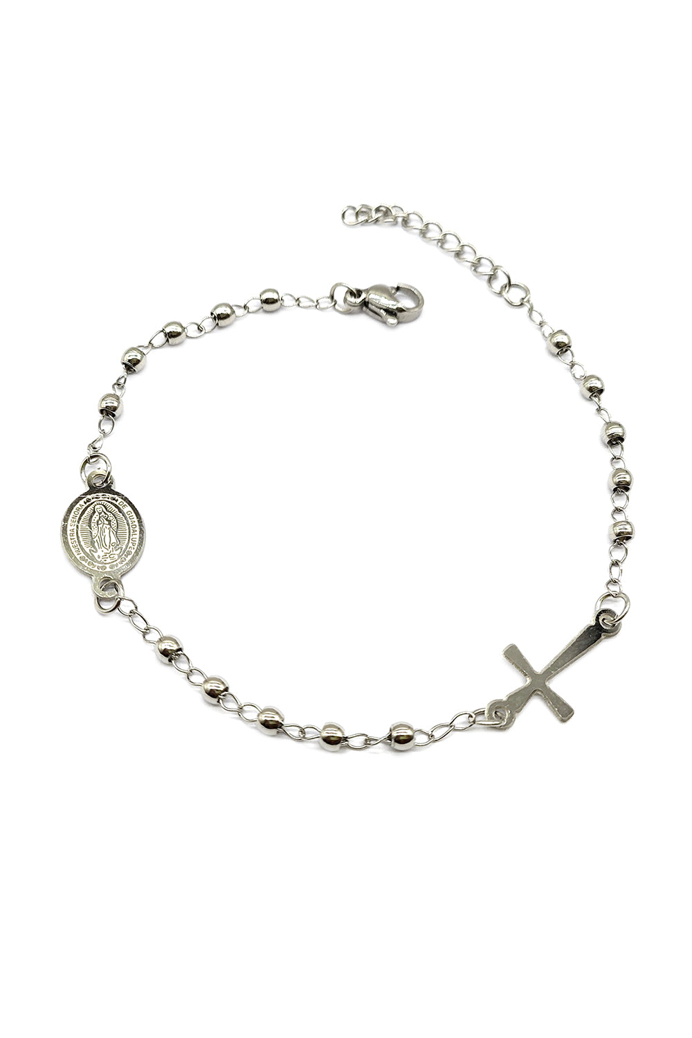 Silver Stainless Steel Virgen De Guadalupe Rosary Bracelet