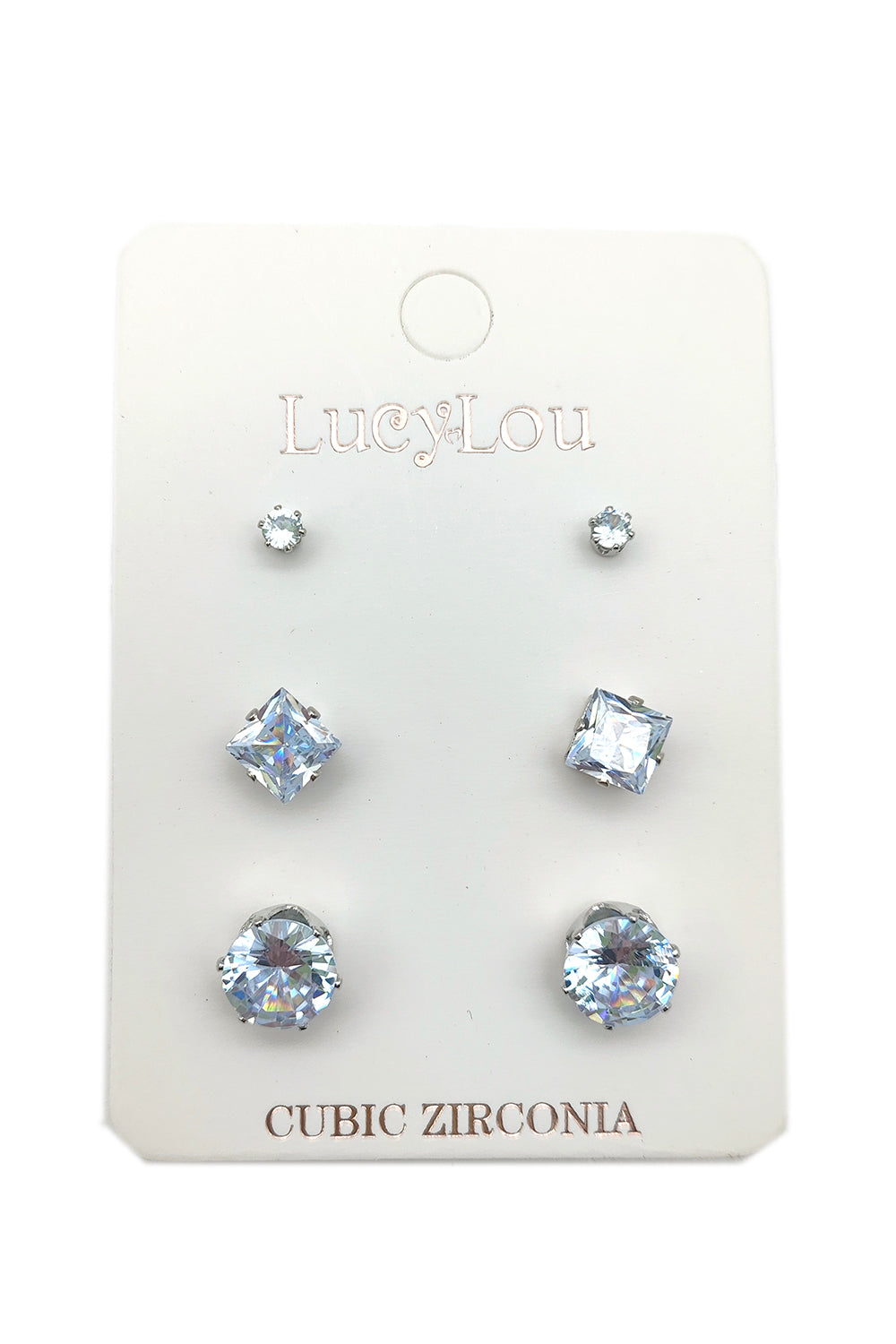 Silver 3-Pair Cubic Zirconia Stud Earrings