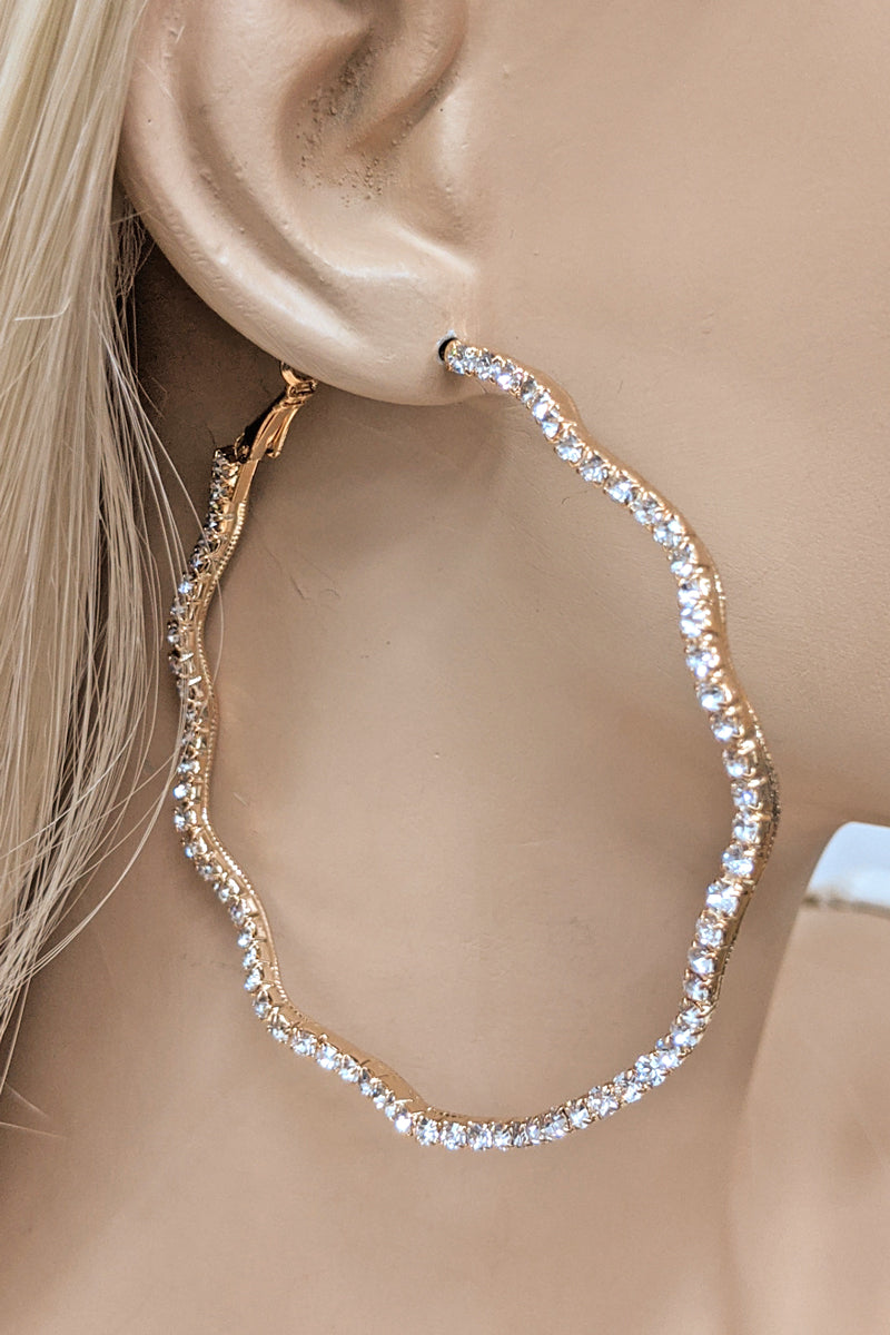 Gold Wave Rhinestone Hoop Earring