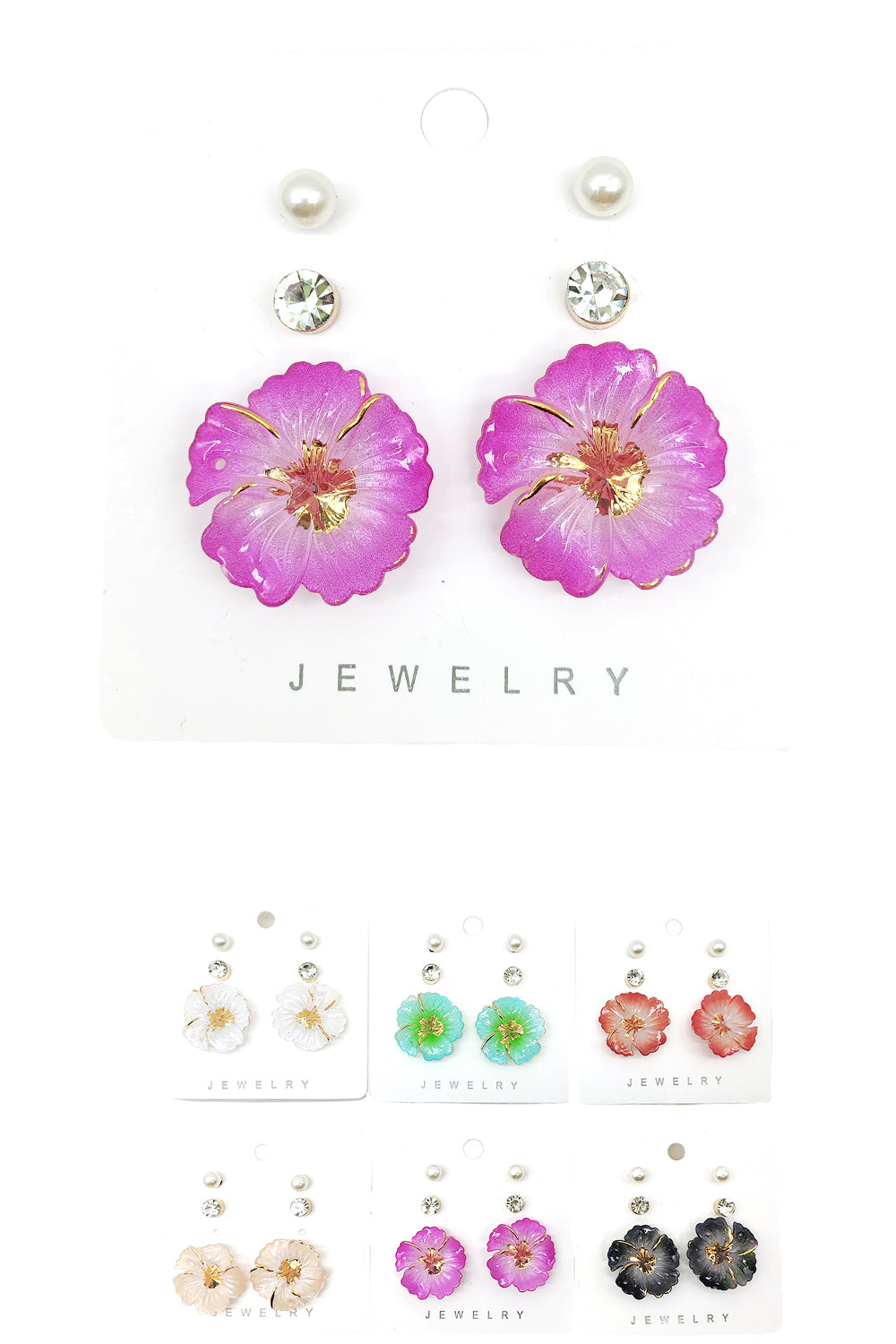 3-pair Flower Design Stud Earrings