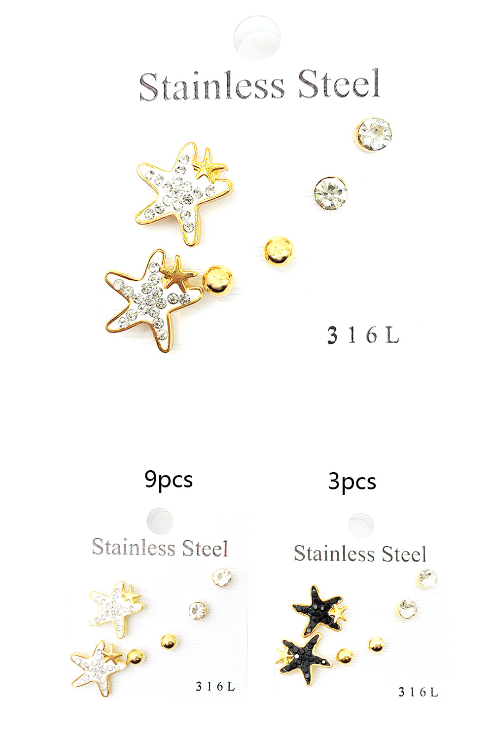 Stainless Steel 3-pairs Starfish Earrings