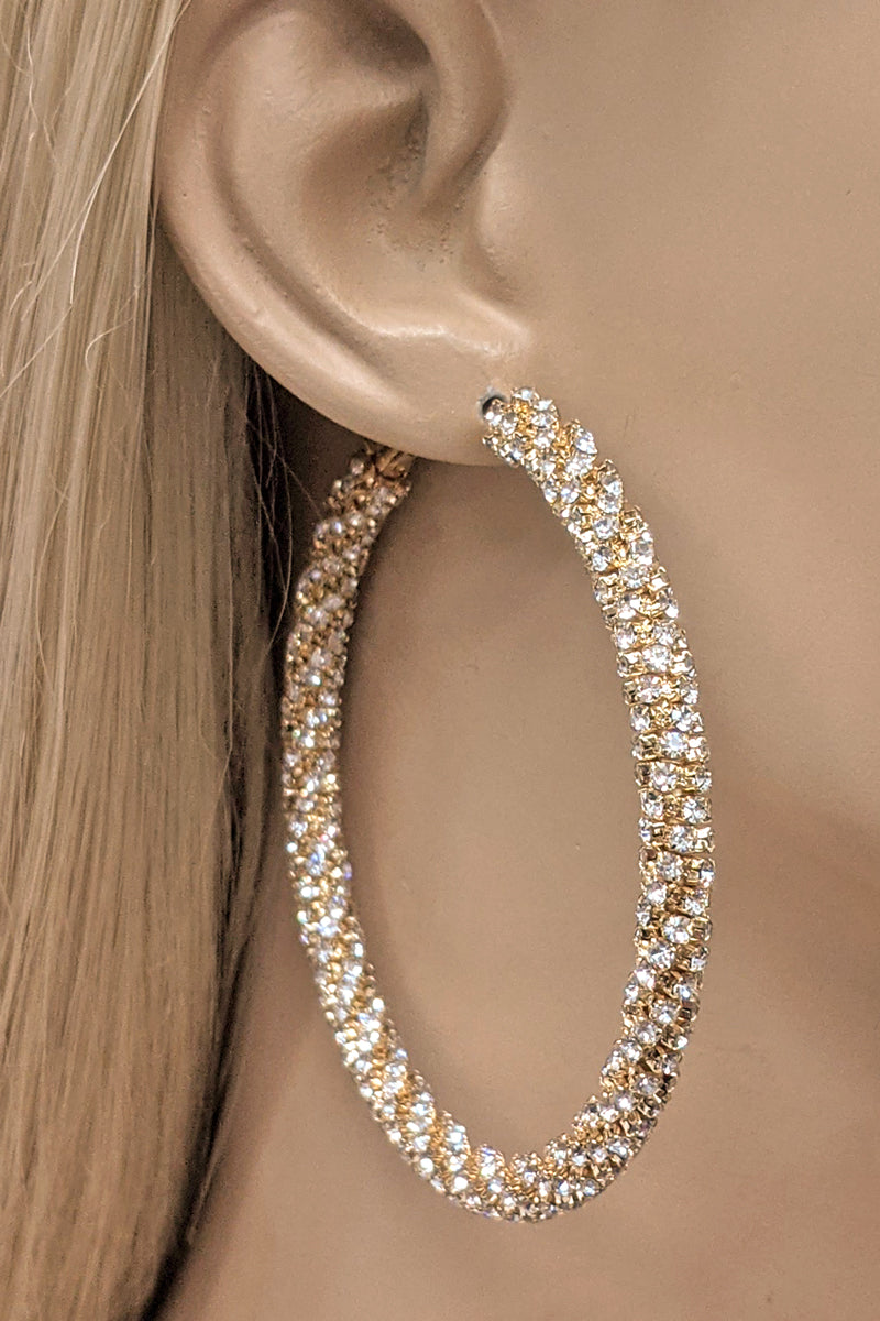 Gold Twisted Rhinestone Hoop Earring