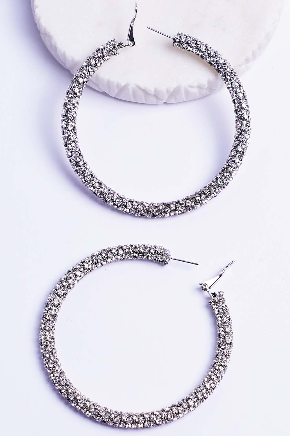 Rhodium Twisted Rhinestone Hoop Earring