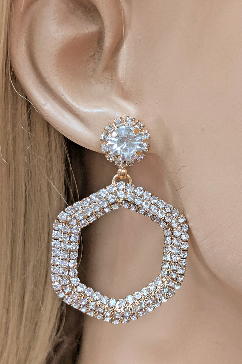 Gold Rhinestone Open Hexagon Earrings