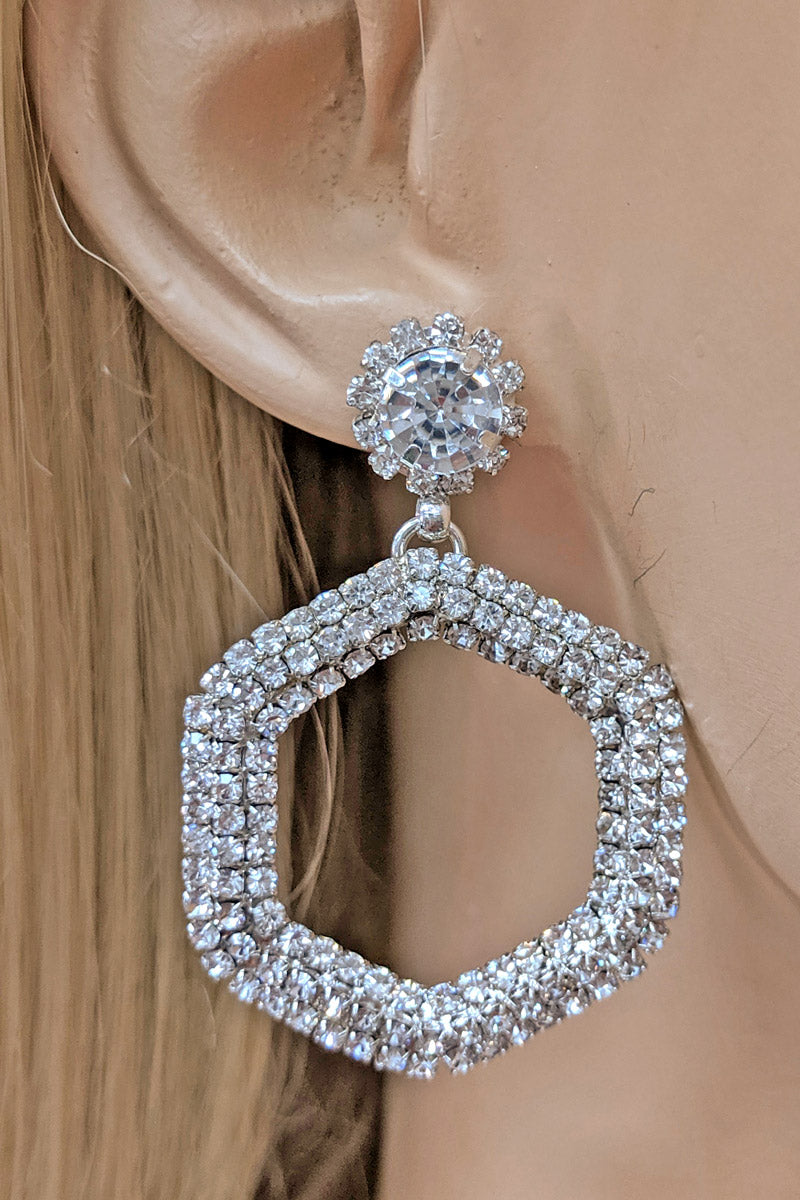 Silver Rhinestone Open Hexagon Earrings