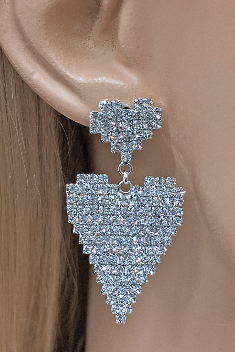 Silver Rhinestone Heart Dangle Earrings