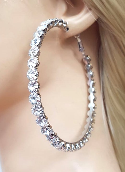 Silver Large Rhinestone Hoop Earrings