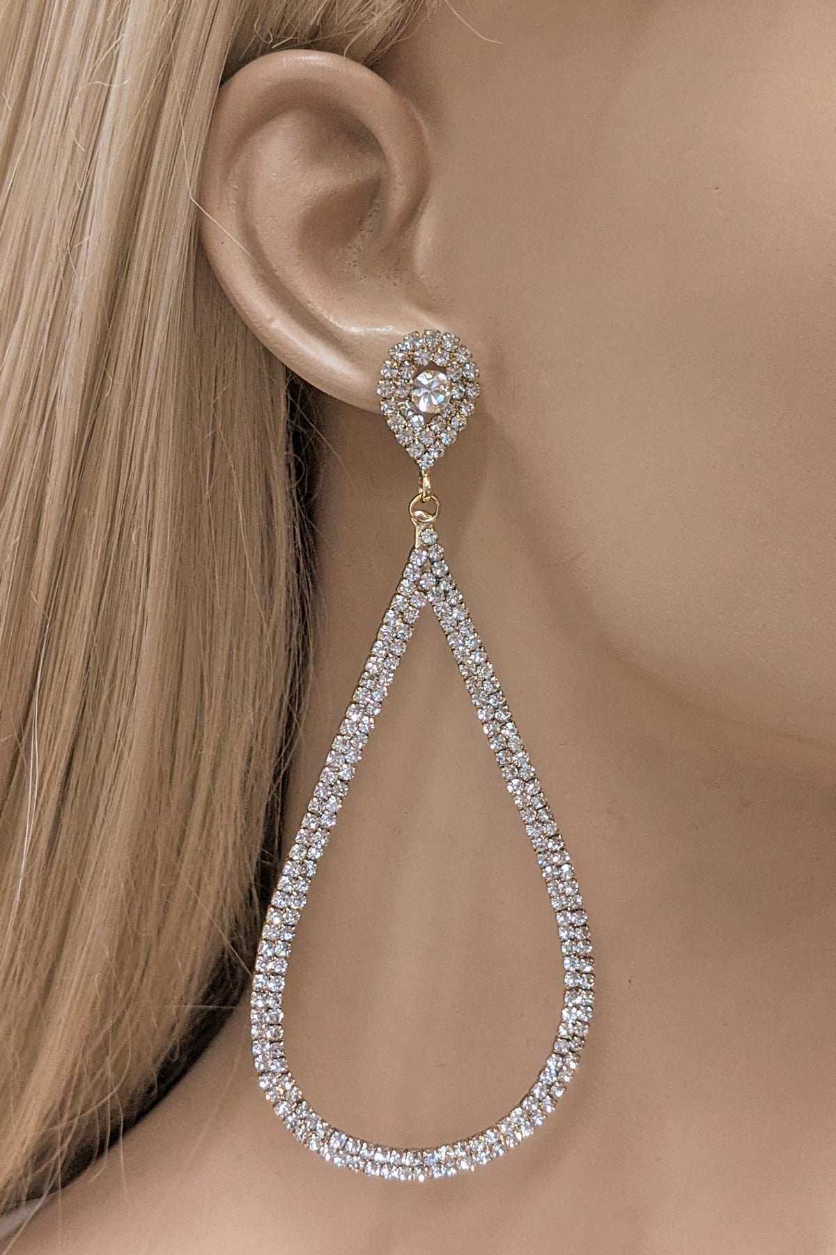 Gold Rhinestone Open Teardrop Earrings