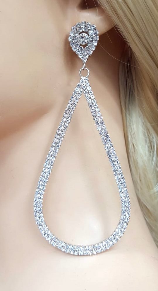 Silver Rhinestone Open Teardrop Earrings