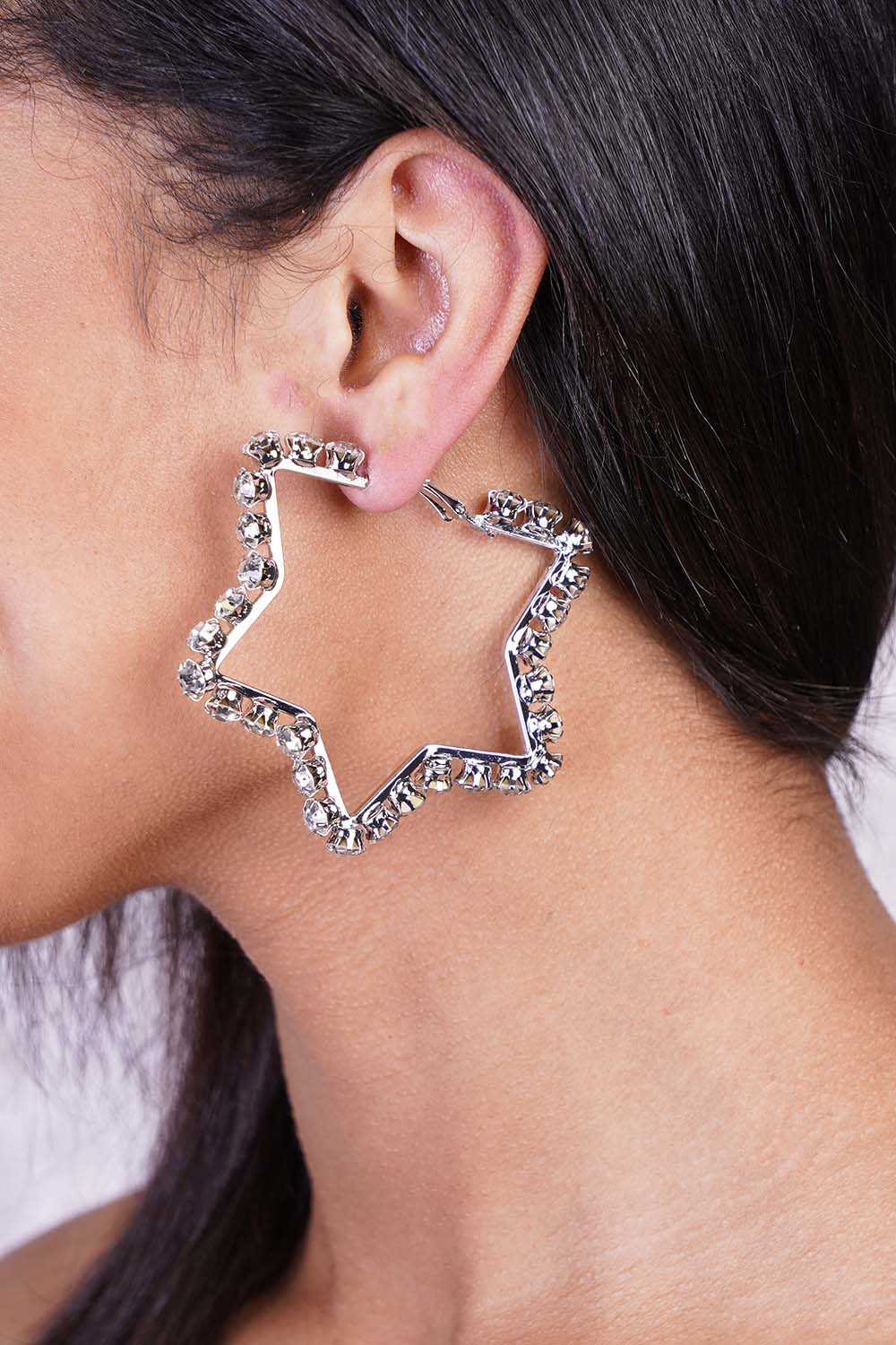 Silver Star Large Rhinestone Hoop Earrings