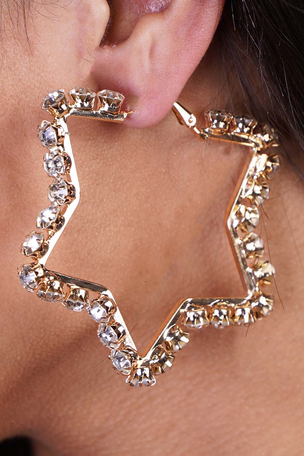 Gold Star Large Rhinestone Hoop Earrings