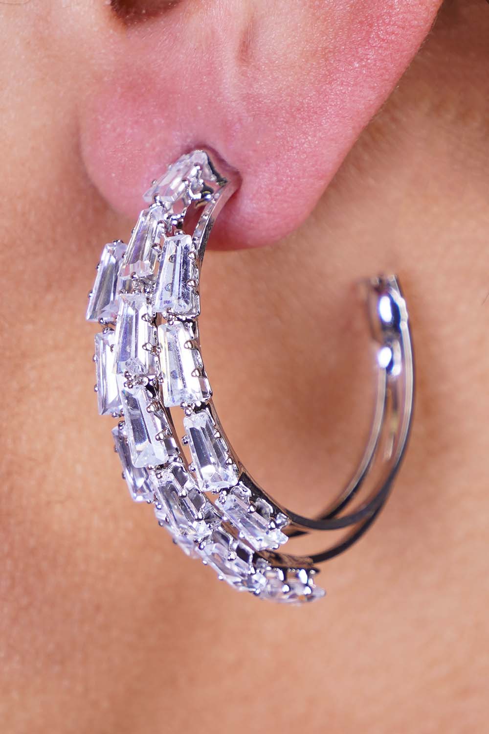 Silver Glass Rhinestone Open Hoop Earrings
