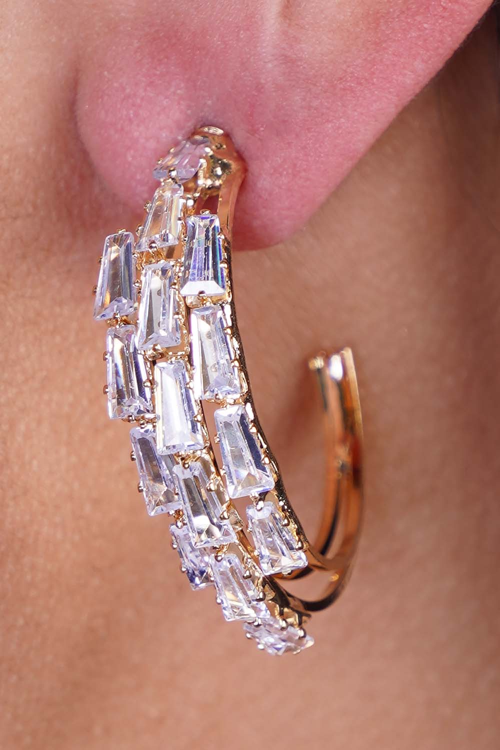 Gold Glass Rhinestone Open Hoop Earrings