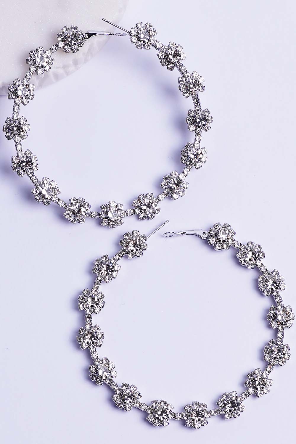 Silver Rhinestone Small Flowers Hoop Earrings