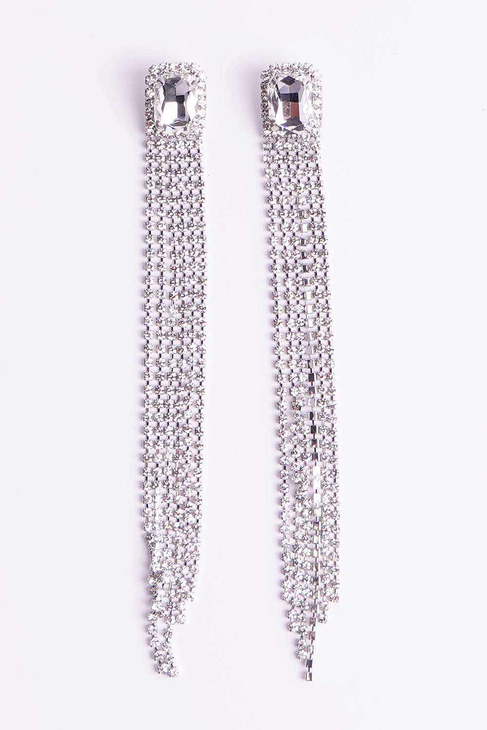 Silver Rhinestone Tassel Earrings