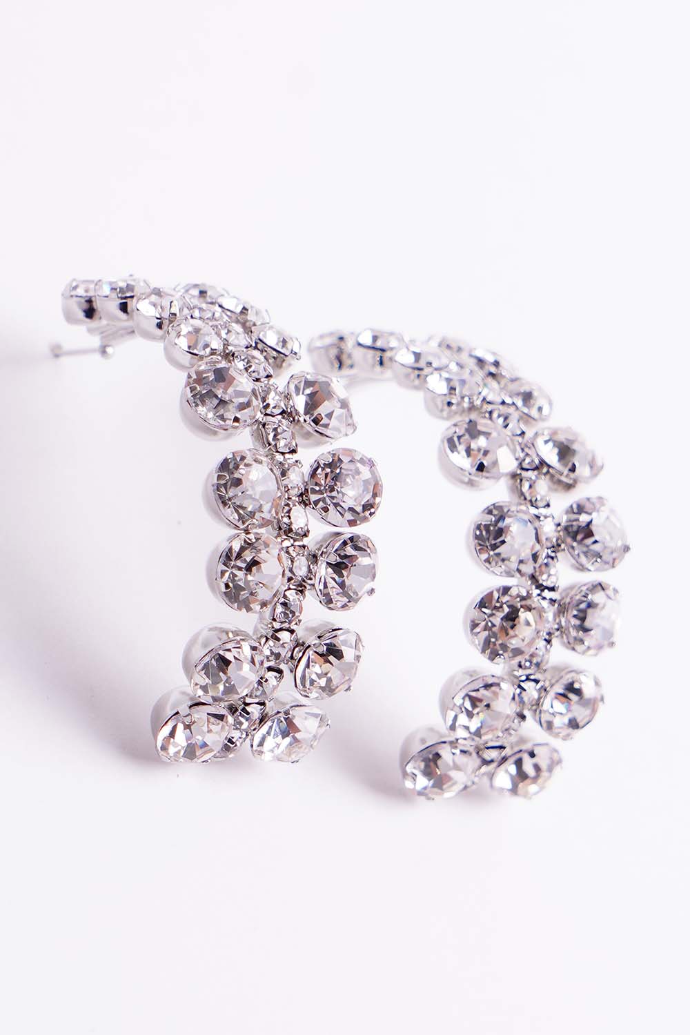 Silver Crescent Rhinestone Hoop Earrings