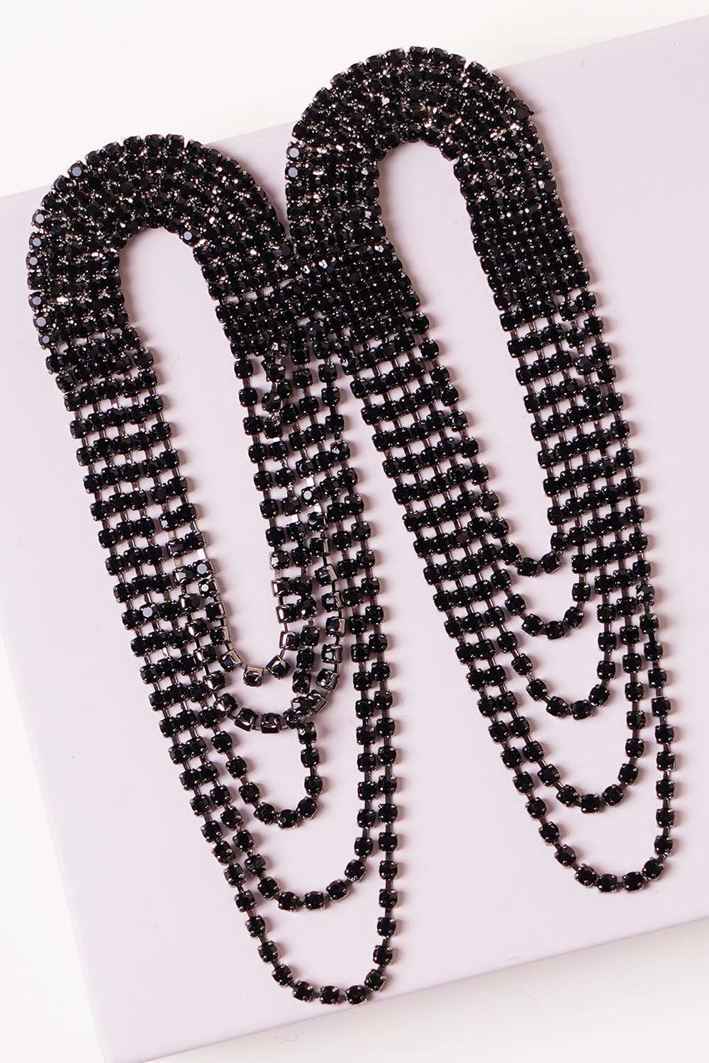 Black Rhinestone Arch Tassel Earrings