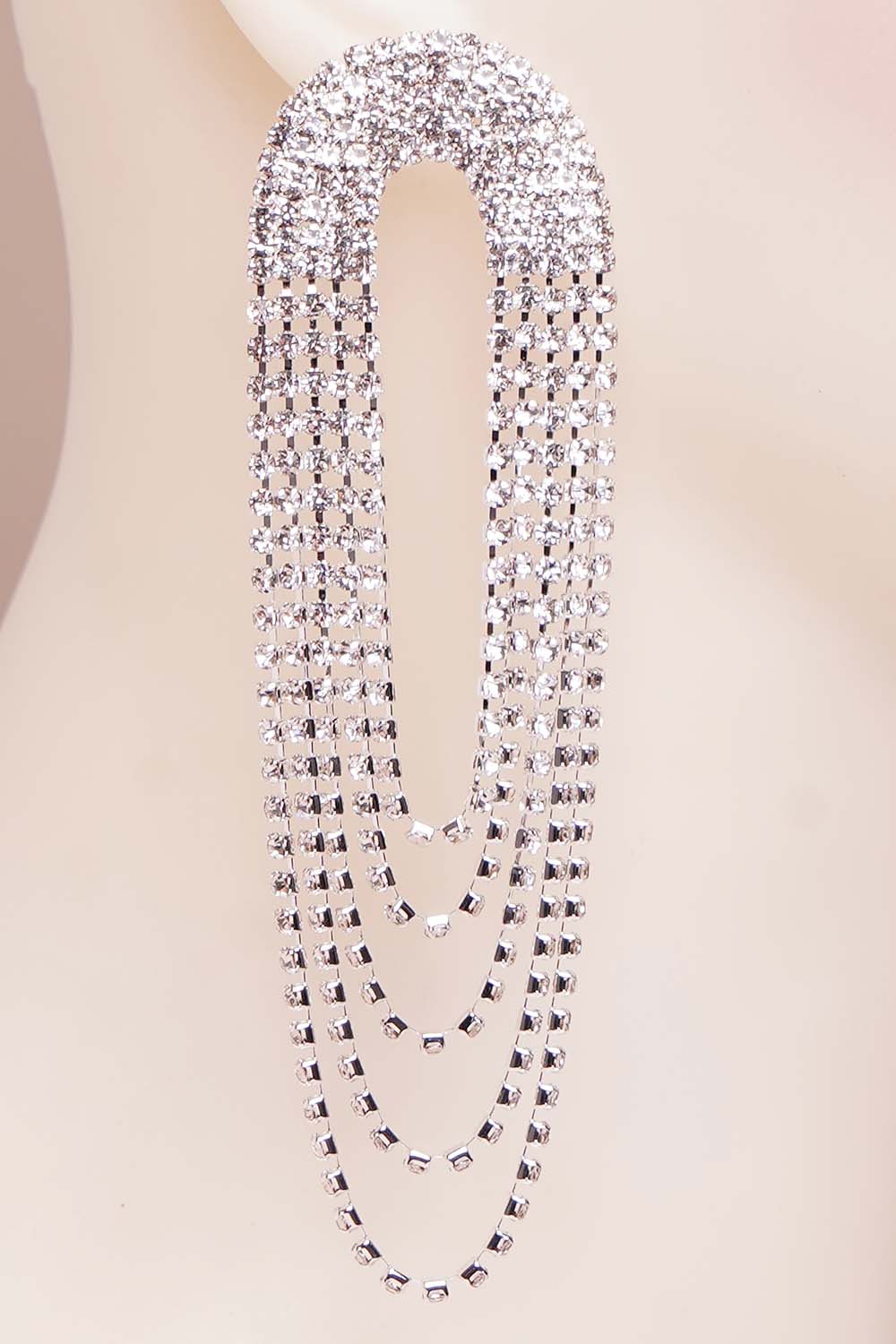 Silver Rhinestone Arch Tassel Earrings