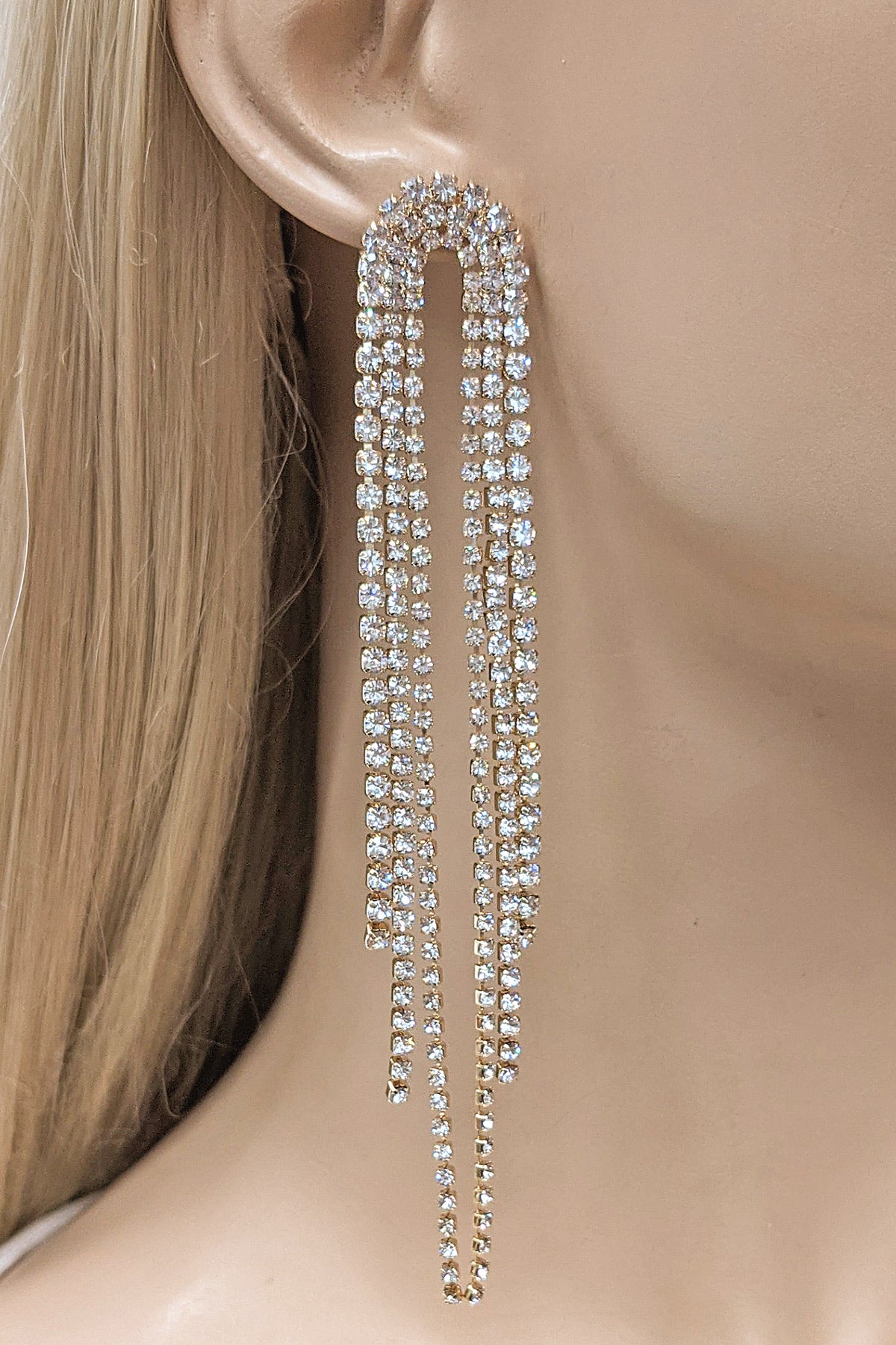 Gold Rhinestone Arch Tassel Earrings