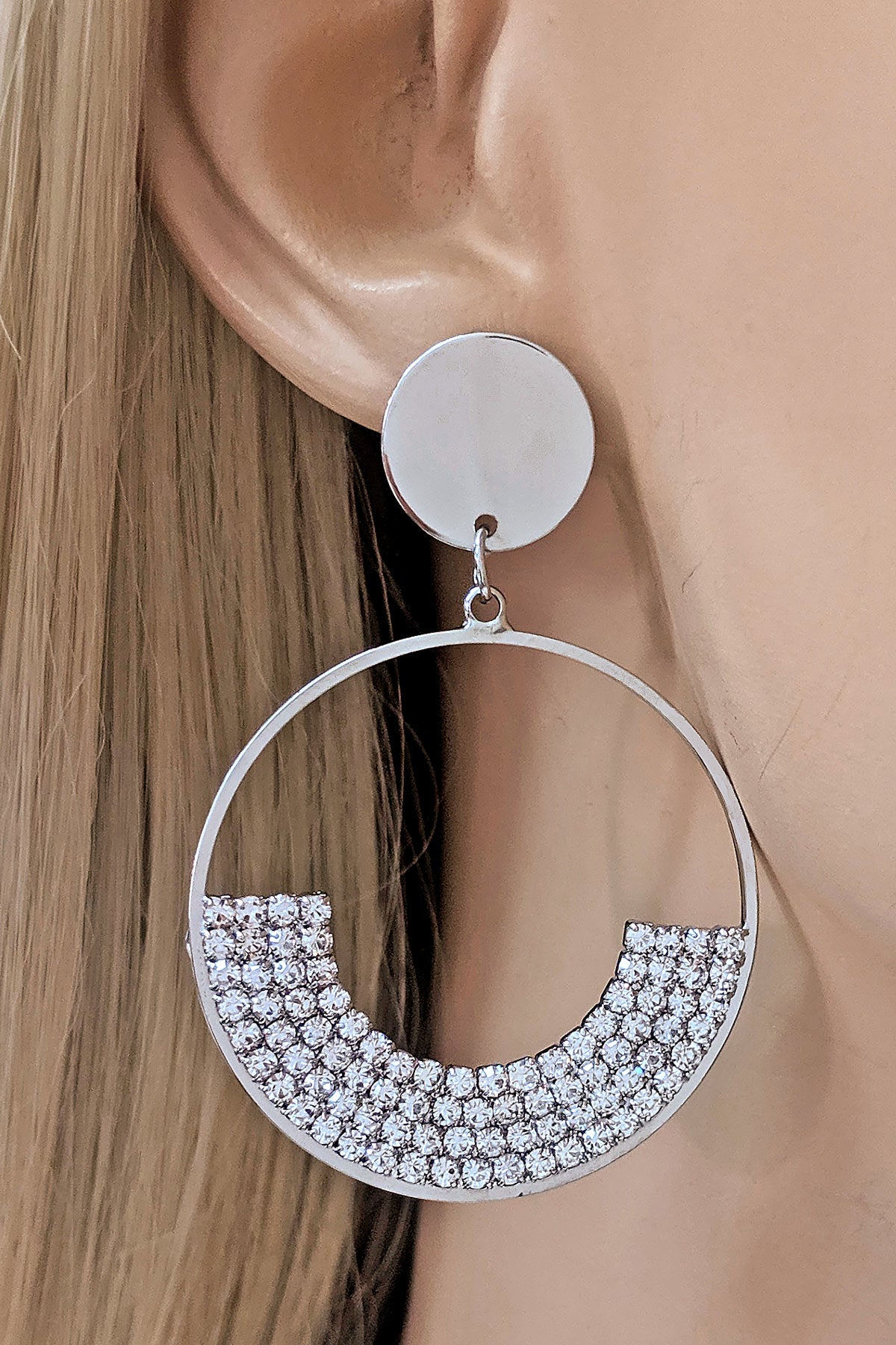 Silver Rhinestone Open Circle Dangle Earrings