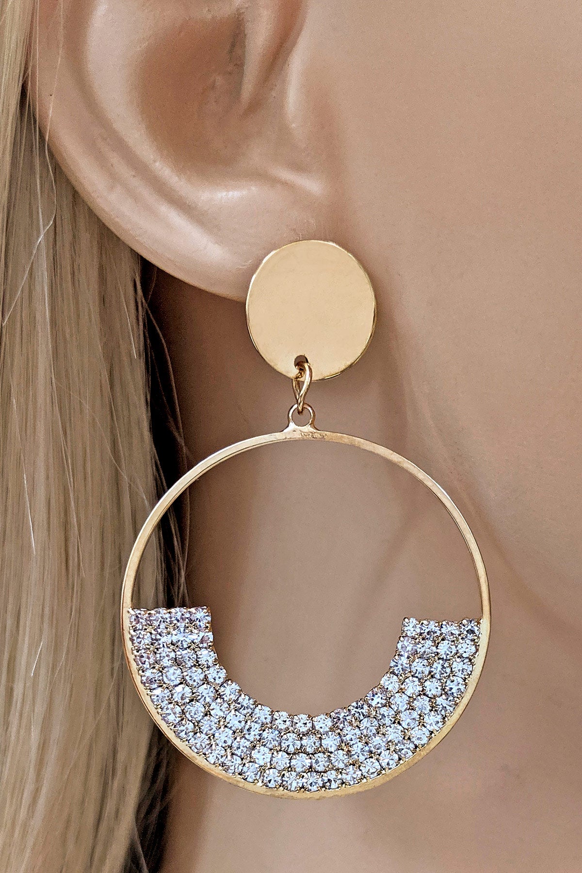 Gold Rhinestone Open Circle Dangle Earrings