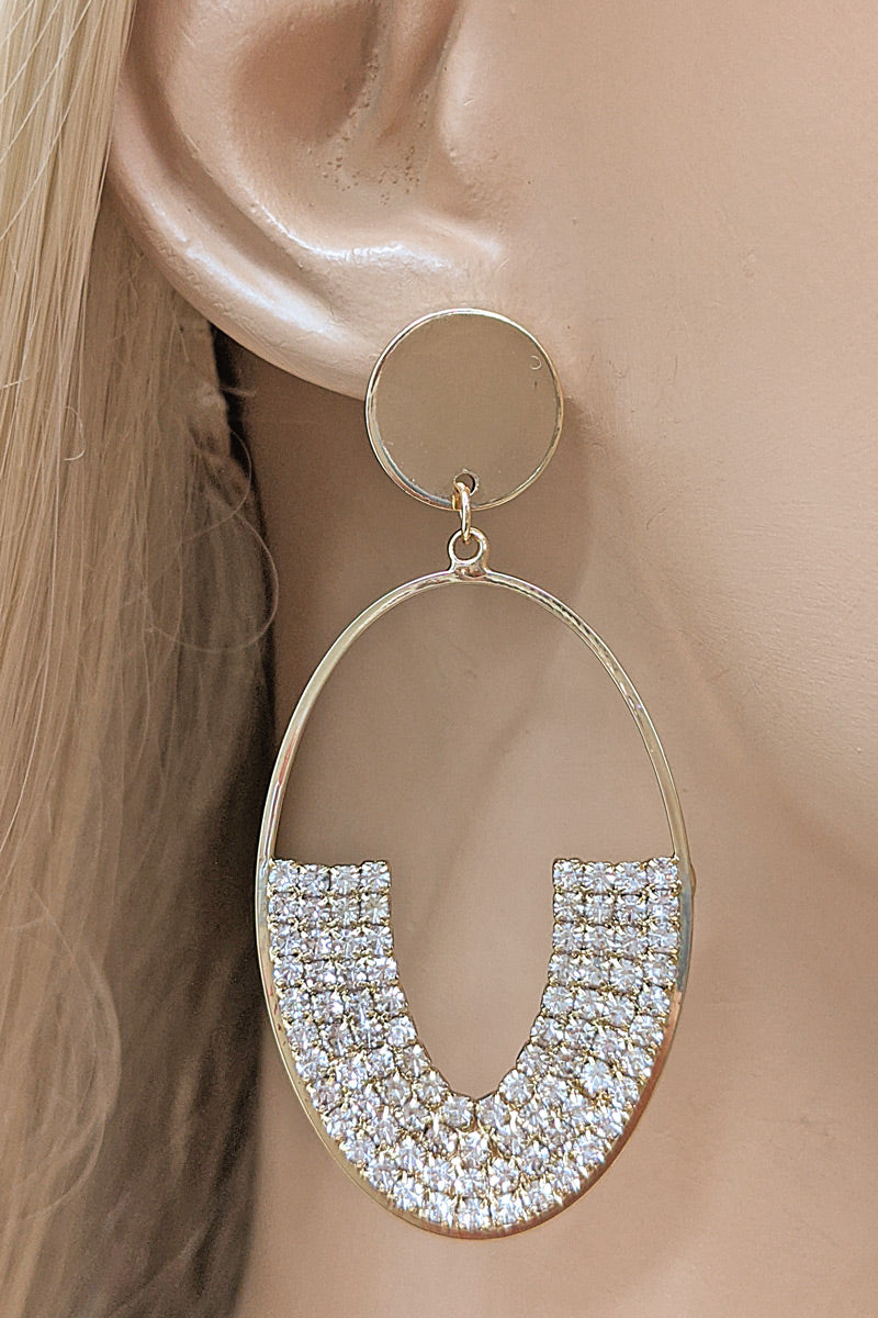 Gold Rhinestone Open Oval Dangle Earrings