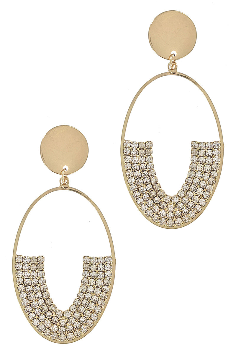 Gold Rhinestone Open Oval Dangle Earrings