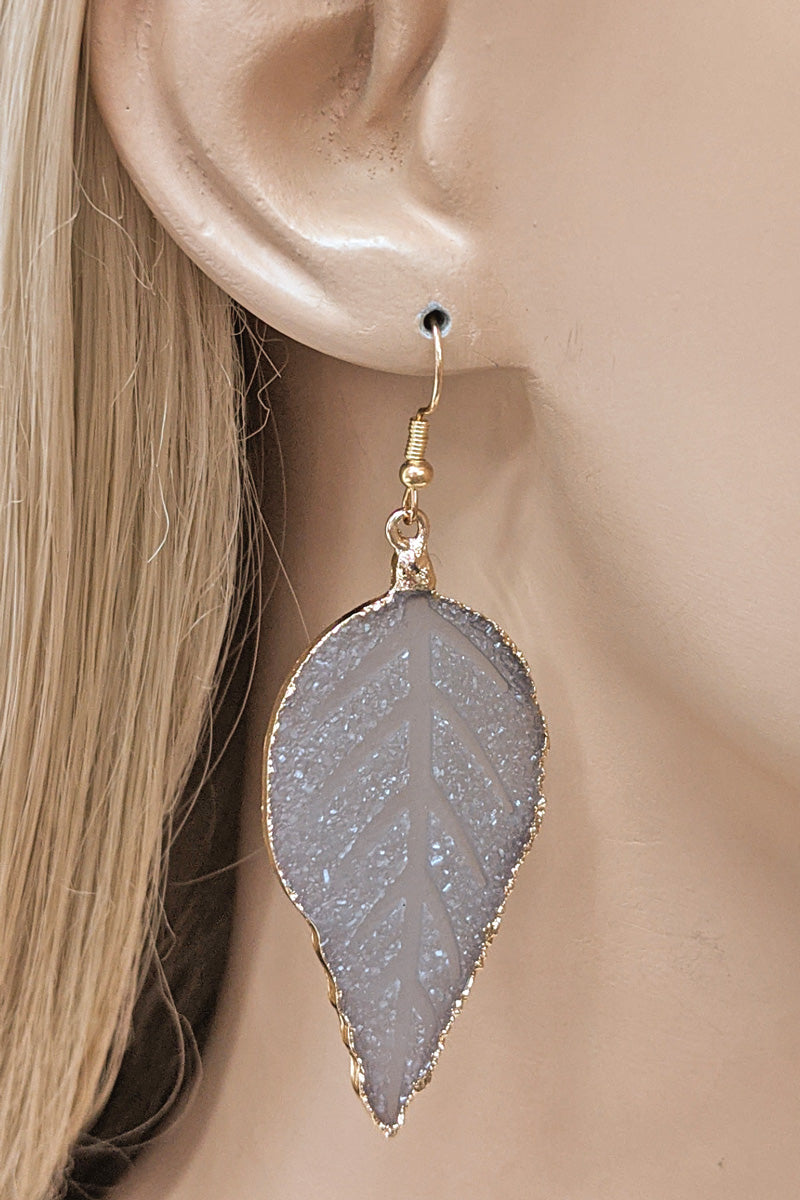 Gray Druzy Stone Leaf Earrings