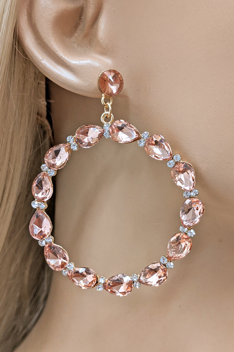 Pink Rhinestone Dangle Hoop Earrings