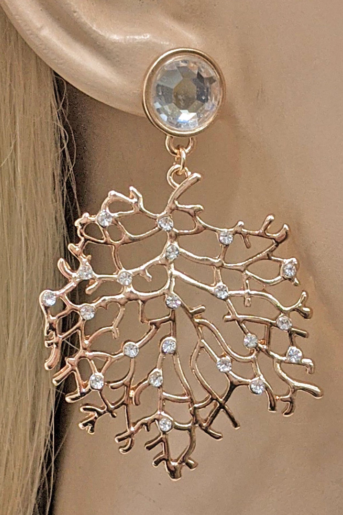 Gold Rhinestone Leaf Dangle Earrings