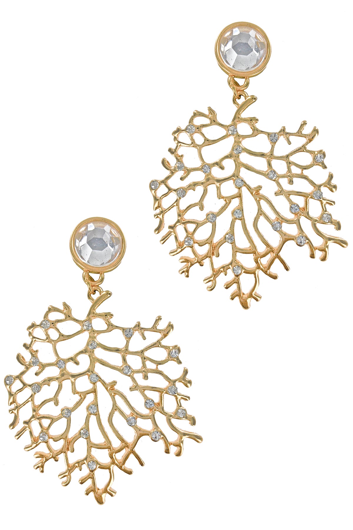 Gold Rhinestone Leaf Dangle Earrings