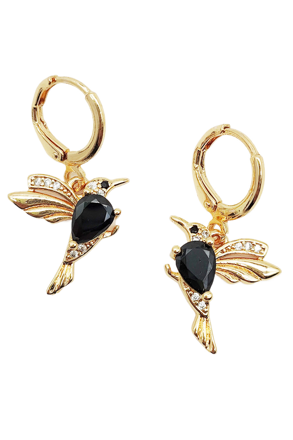 Gold Dipped Black Rhinestone Hummingbird Dangle Earrings