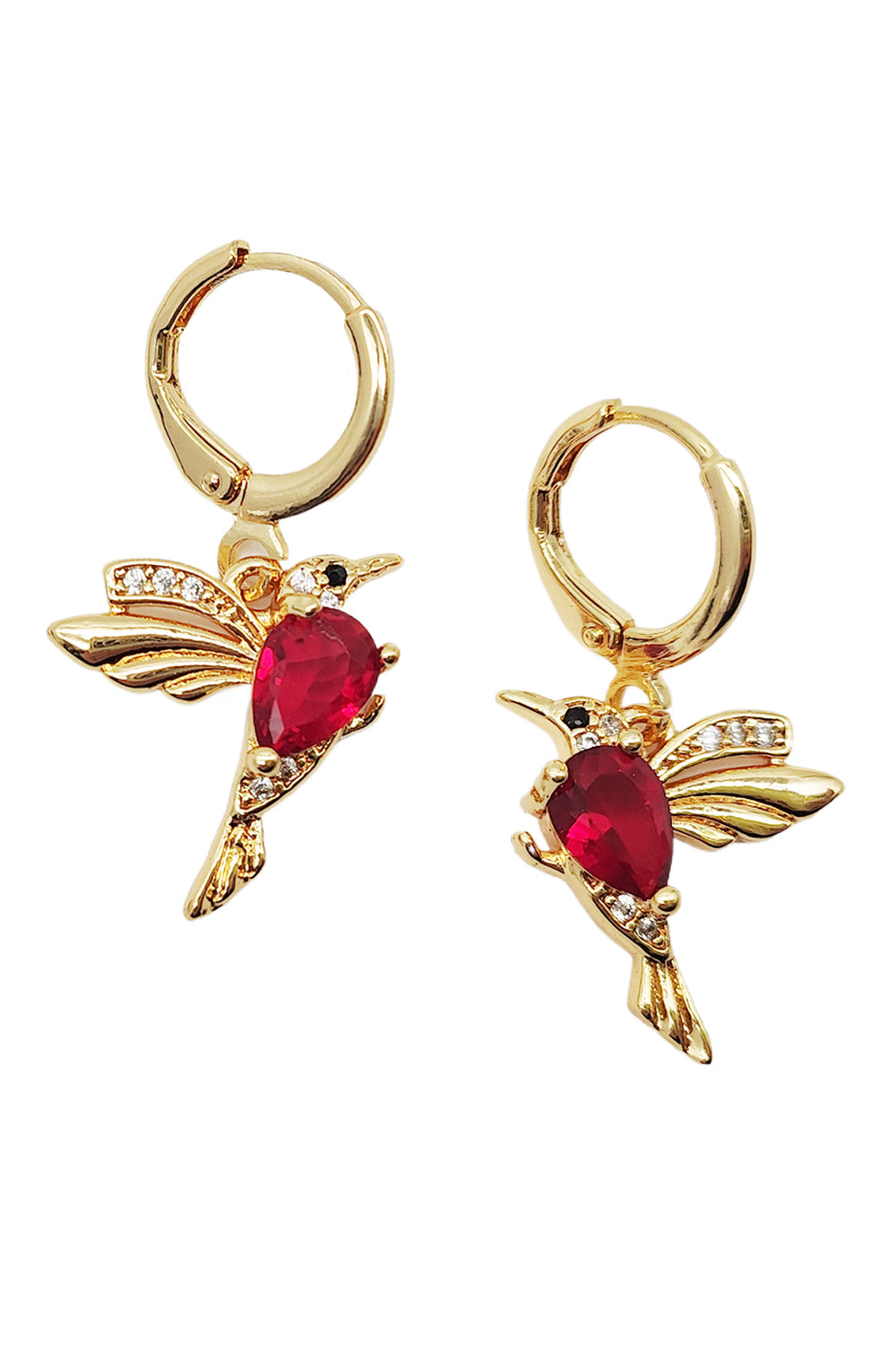 Gold Dipped Red Rhinestone Hummingbird Dangle Earrings