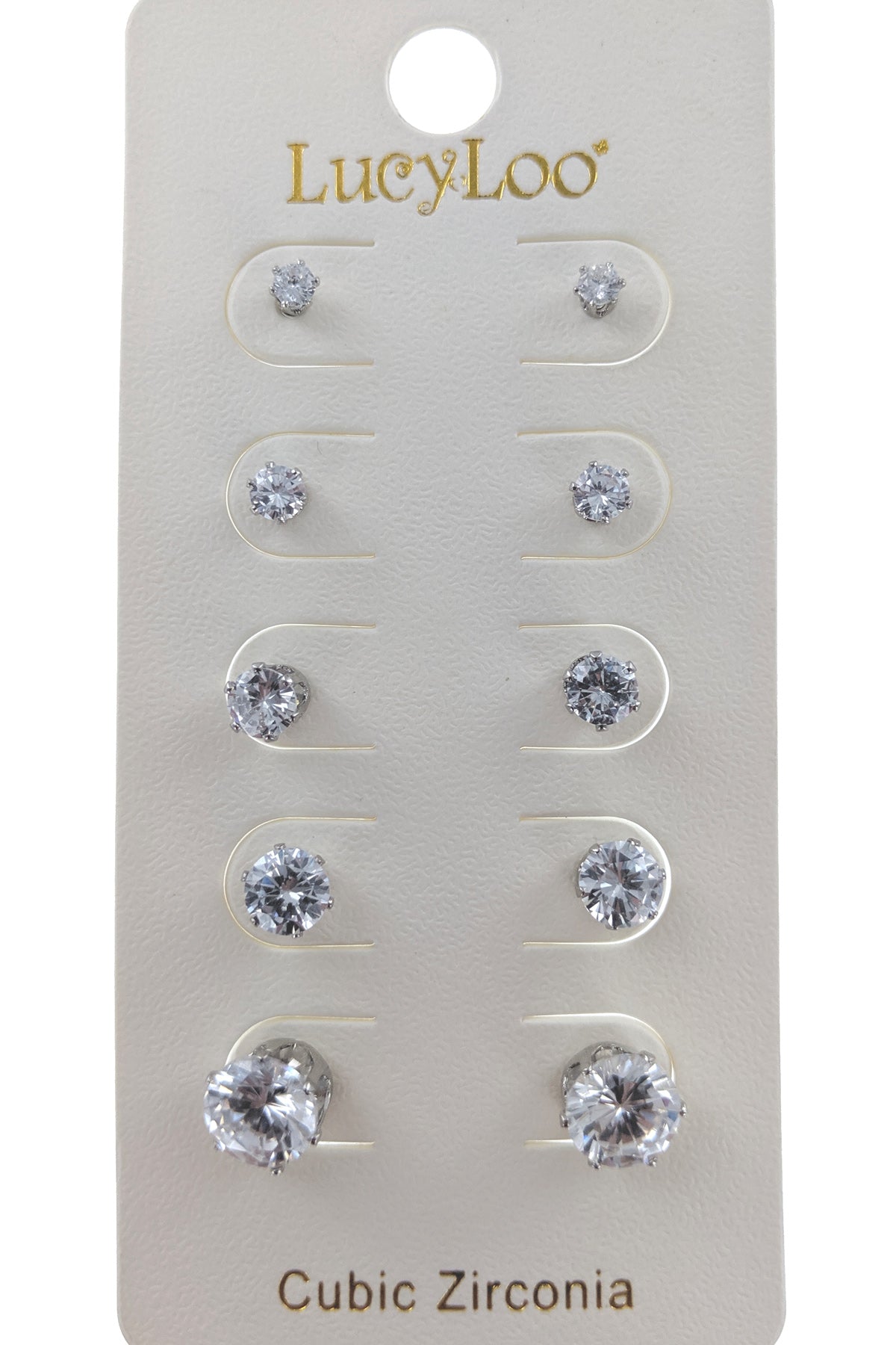 Silver 5-Pair Stud Cubic Zirconia Earrings
