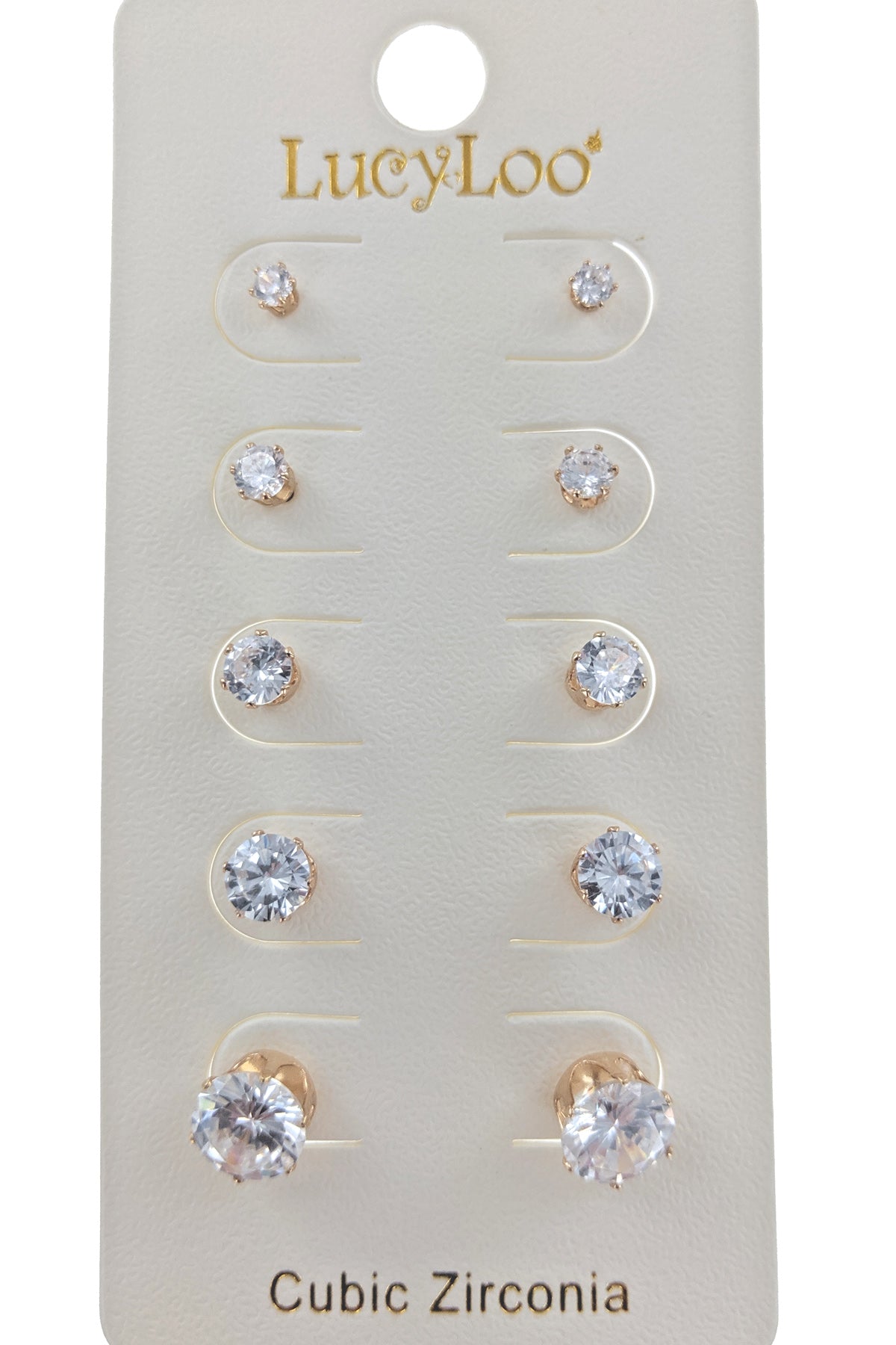 Gold 5-pair Cubic Zirconia Stud Earrings