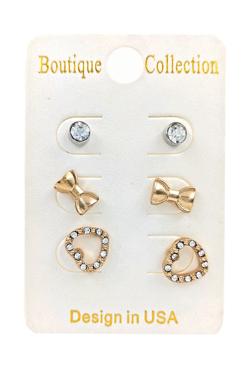 3-Pairs Gold Heart and Bow Earrings