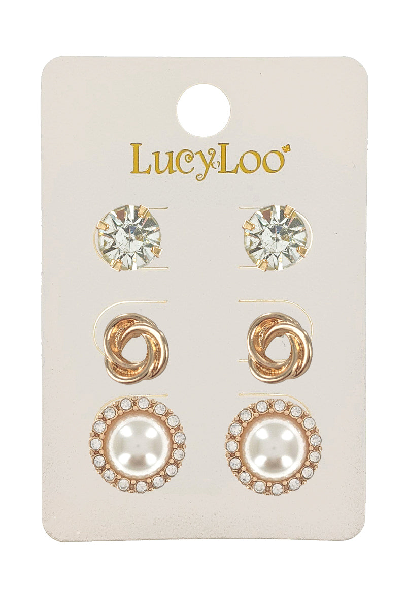 3-Pair Gold Pearl Stud Earrings