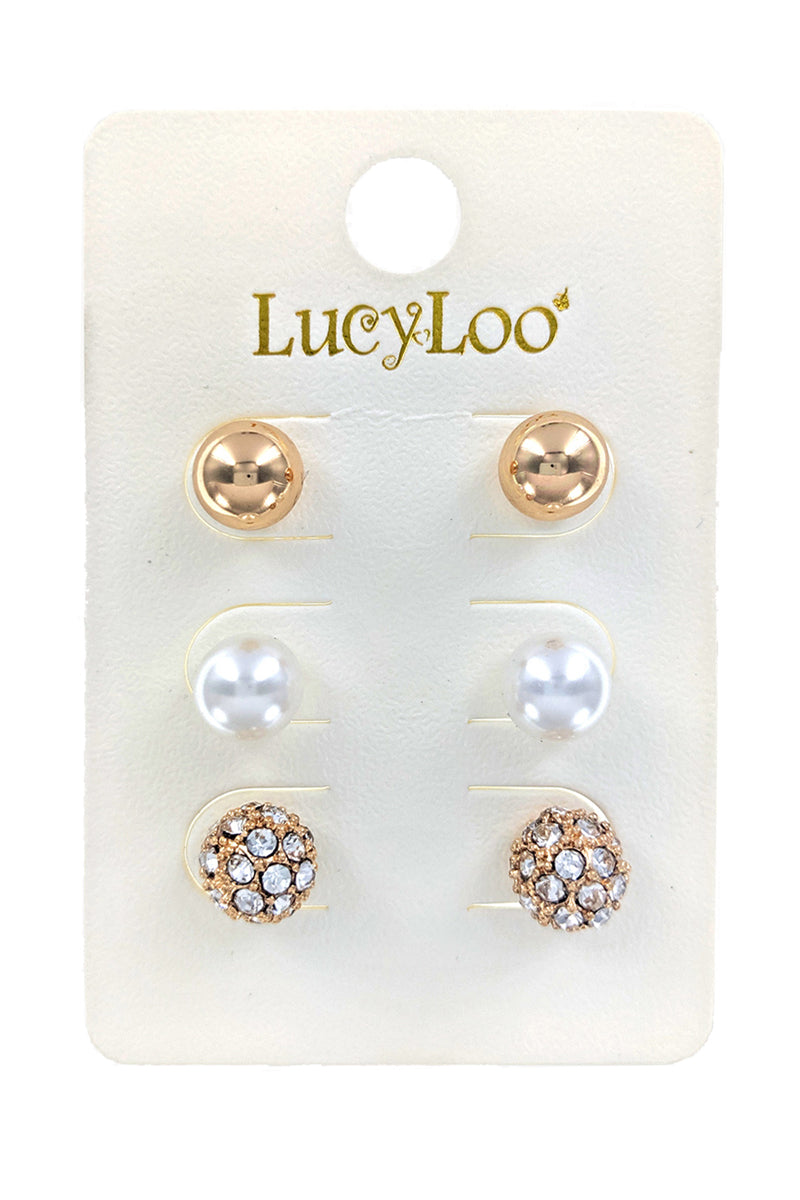 3-Pairs Gold Round Stud Earrings