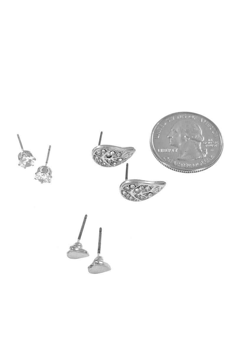 3-Pair Silver Leaf & Cubic Stud Earring