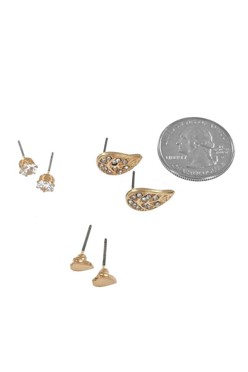 3-Pair Gold Leaf & Cubic Stud Earring