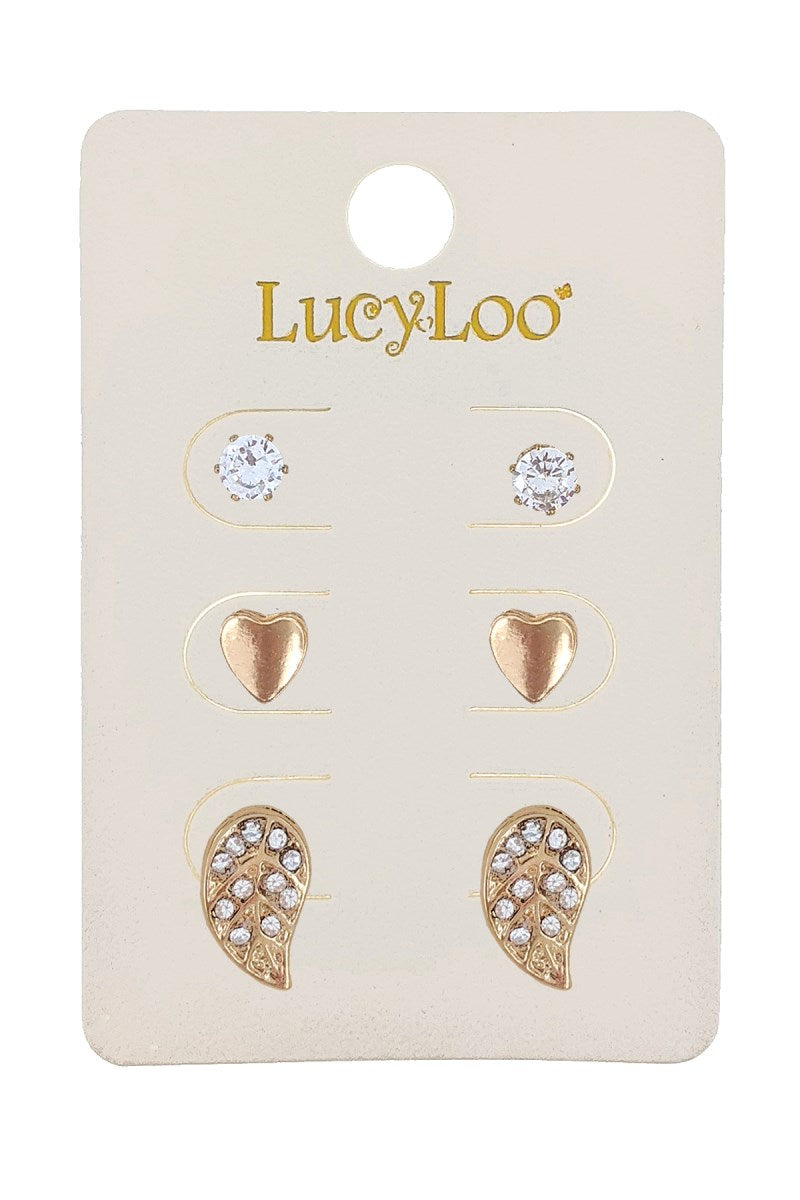 3-Pair Gold Leaf & Cubic Stud Earring