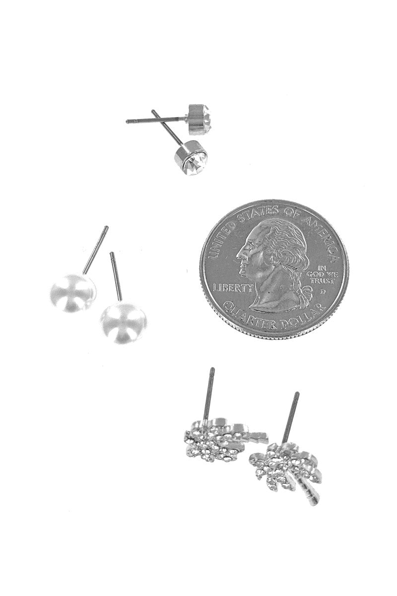 3-Pair Silver Palm Tree Stud Earrings