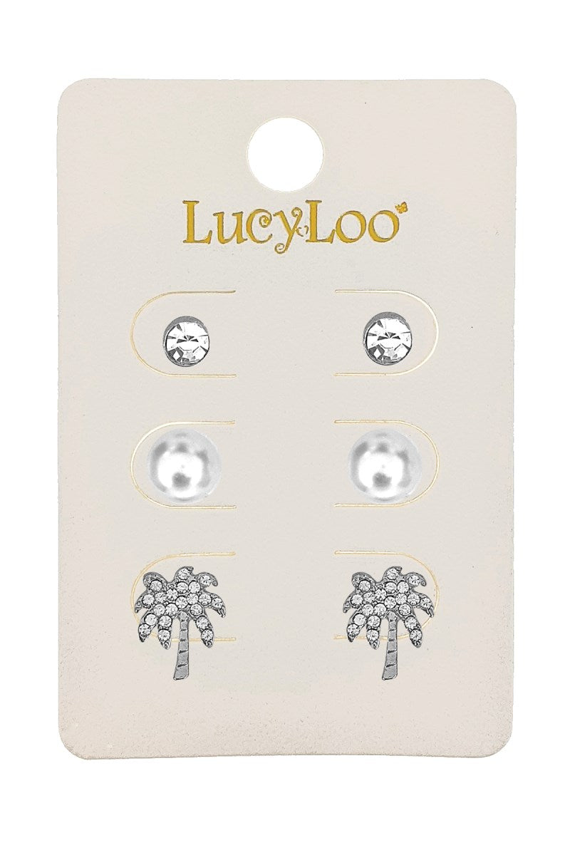 3-Pair Silver Palm Tree Stud Earrings