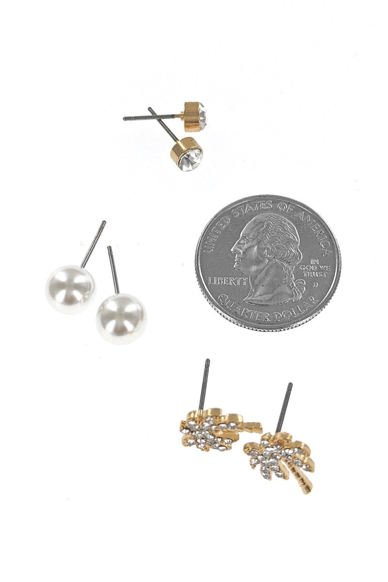 3-Pair Gold Palm Tree Earring
