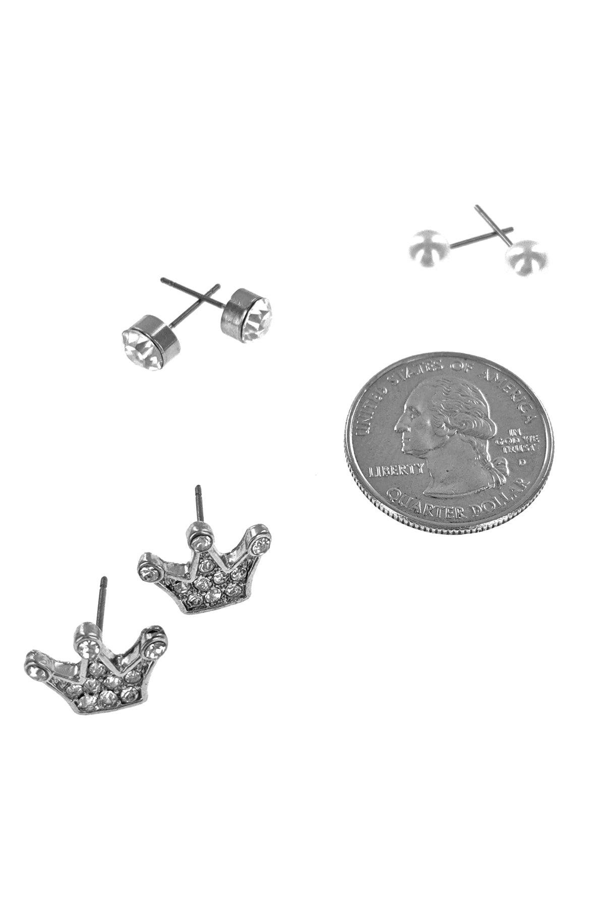 3-Pair Silver Crown Earrings