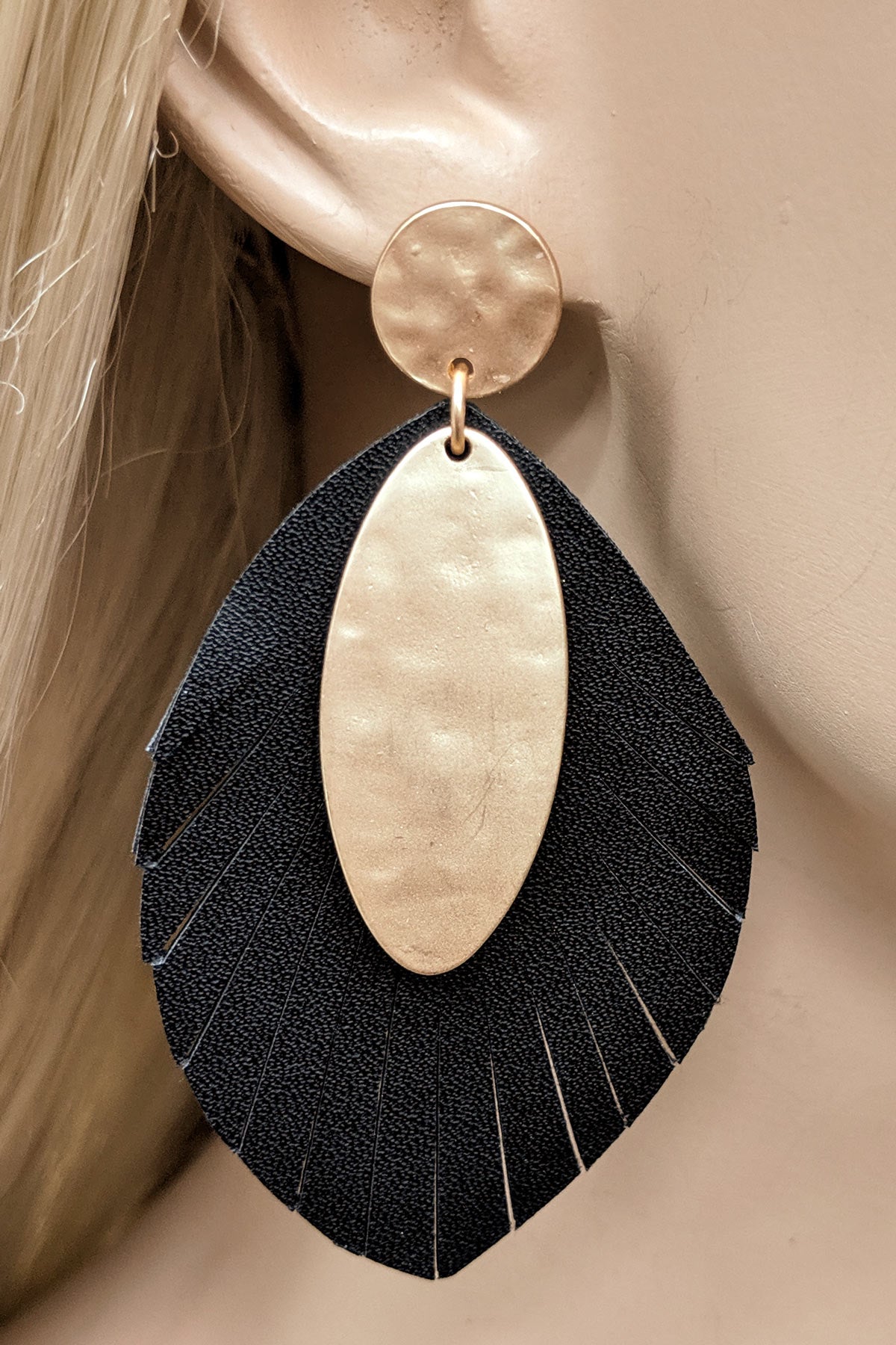 Black Faux Leather Leaf and Metal Earrings