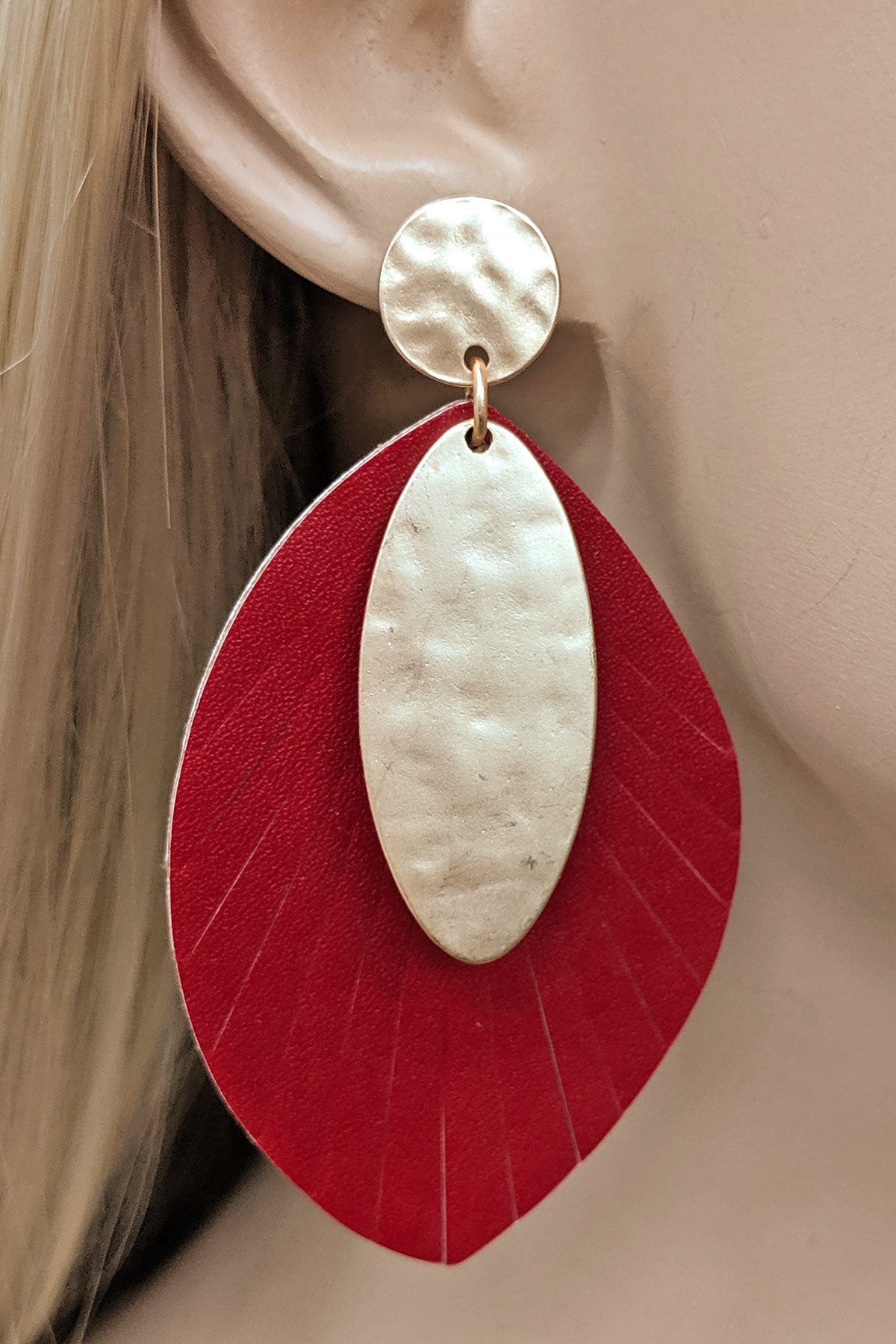 Red Faux Leather Leaf and Metal Earrings