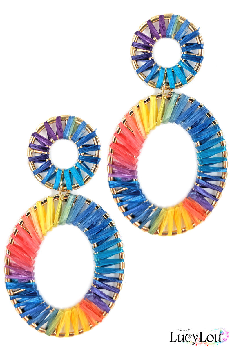 Braided Multi Color Raffia Hoop Dangle Earrings
