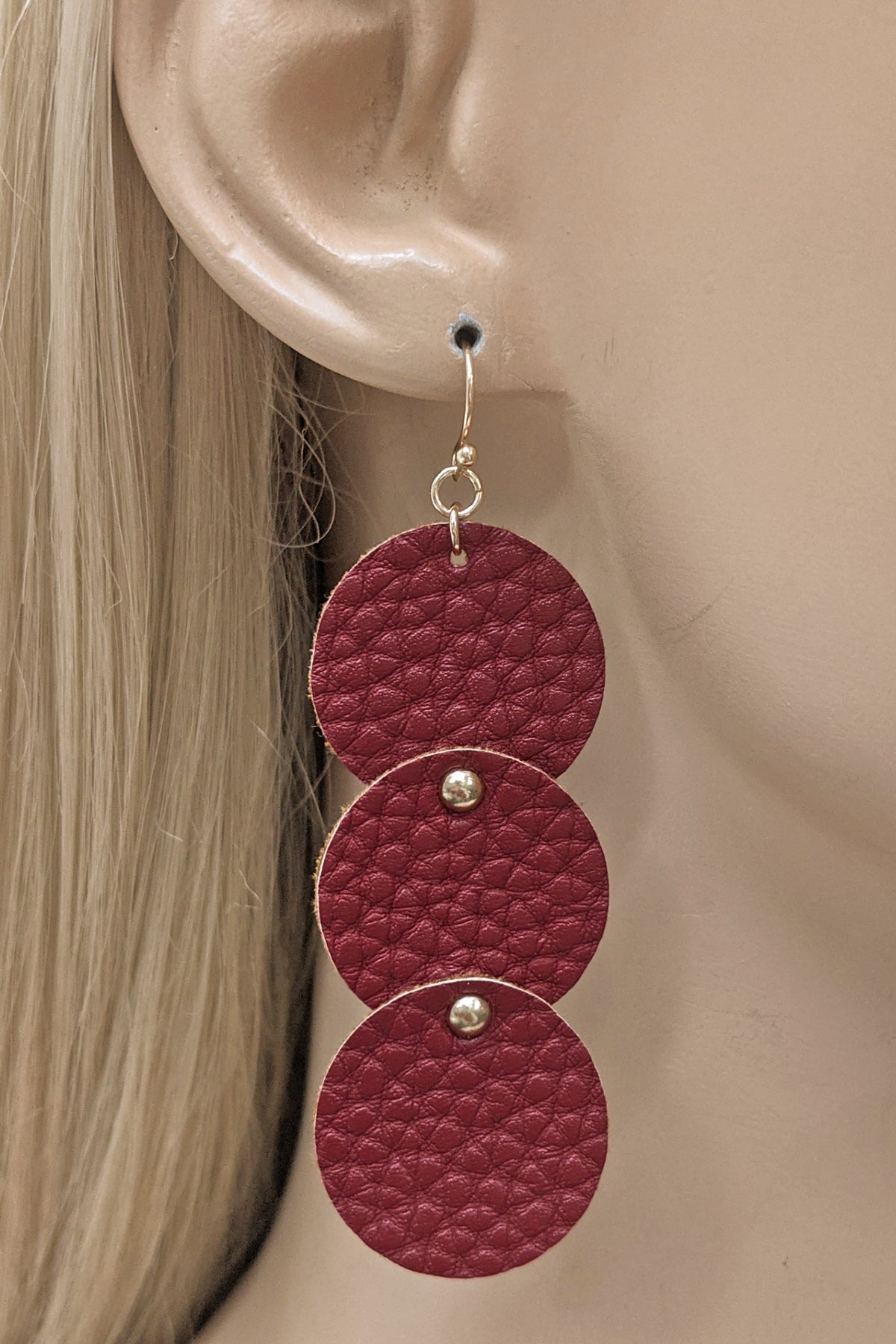 Burgundy Geometric Faux Leather Dangle Earrings