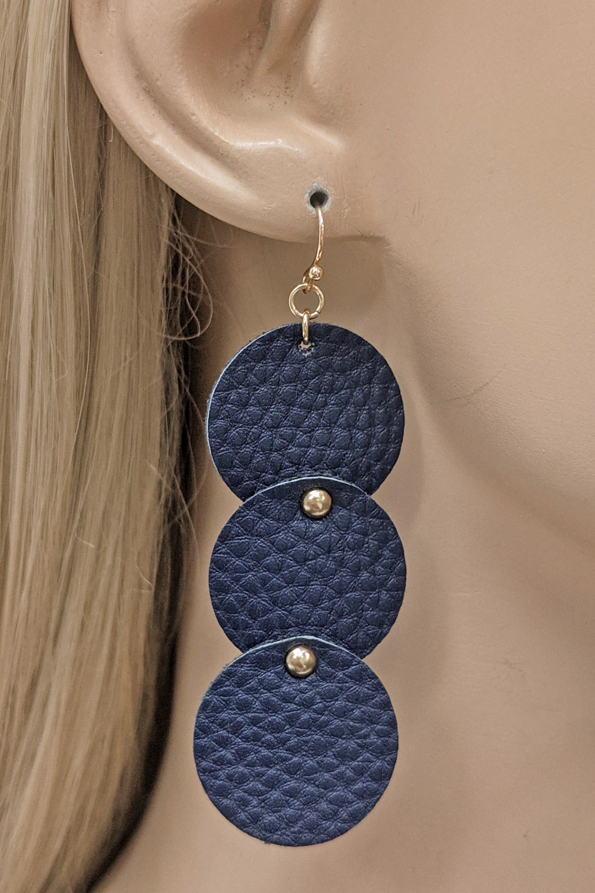 Navy Geometric Faux Leather Dangle Earrings